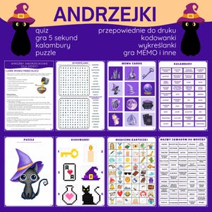 May include: A purple and black Halloween-themed activity sheet with the word "ANDRZEJKI" at the top. It includes puzzles, word searches, and memo cards. A cartoon black cat wearing a witch hat is featured.