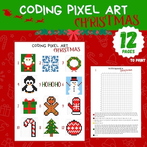 Può includere: Un stampabile di pixel art a tema natalizio con 12 pagine. L'immagine presenta disegni pixel art di Babbo Natale, un fiocco di neve, una ghirlanda, un pinguino, un pupazzo di neve, un regalo, un omino di pan di zenzero, un guanto, un bastoncino di zucchero, un albero di Natale e una palla di Natale.