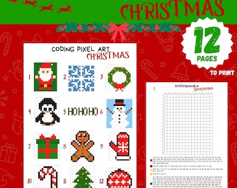 Atividades de Programação com Pixel Art de Natal - 12 Cartões Imprimíveis, Código e Diversão, Atividades para Crianças, STEM, Montessori