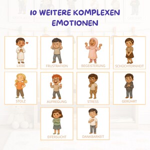 May include: A poster titled 10 WEITERE KOMPLEXEN EMOTIONEN featuring ten illustrated squares. Each square displays a child expressing a specific emotion with a corresponding German label: LIEBE, FRUSTRATION, BEGEISTERUNG, SCH&Uuml;CHTERNHET, STOLZ, AUFREGUNG, STRESS, GER&Uuml;HRT, EIFERSUCHT, and DANKBARKEIT.