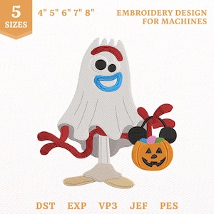 May include: Machine embroidery design featuring a character dressed as a ghost with a red headband, blue mouth, and mismatched eyes. The character holds an orange jack-o'-lantern candy bucket with black mouse ears. Text includes 5 SIZES, 4" 5" 6" 7" 8", EMBROIDERY DESIGN FOR MACHINES, DST, EXP, VP3, JEF, PES.