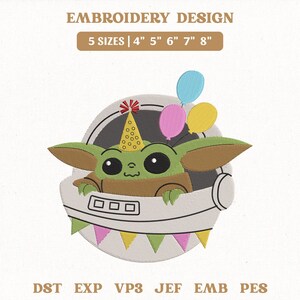 Archivo de bordado de cumpleaños de Baby Yoda de Star Wars, globo de Mickey Grogu (descarga digital) imagen 1
