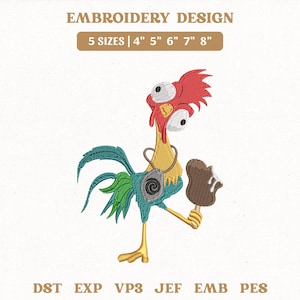 Puede incluir: Un diseño de bordado que muestra un gallo de dibujos animados con ojos grandes y desiguales, cresta roja y cuello amarillo. El gallo tiene plumas de cola azules y verdes, un detalle en espiral gris y sostiene un helado de chocolate marrón. Texto: EMBROIDERY DESIGN 5 SIZES | 4" 5" 6" 7" 8" DST EXP VP3 JEF EMB PES.