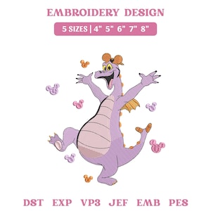 May include: An embroidery design featuring a purple dragon character with a light pink belly, wearing orange ears, surrounded by small pink and orange mouse-shaped icons. Text reads EMBROIDERY DESIGN, 5 SIZES | 4" 5" 6" 7" 8", and DST EXP VP3 JEF EMB PES.