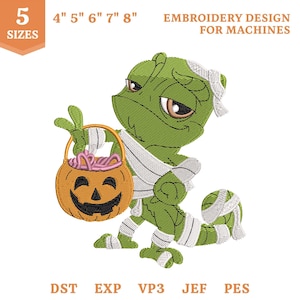May include: An embroidery design for machines featuring a green lizard wrapped in white bandages like a mummy, holding an orange jack-o'-lantern candy bucket filled with pink treats. Text includes 5 SIZES, 4" 5" 6" 7" 8", EMBROIDERY DESIGN FOR MACHINES, DST, EXP, VP3, JEF, PES.
