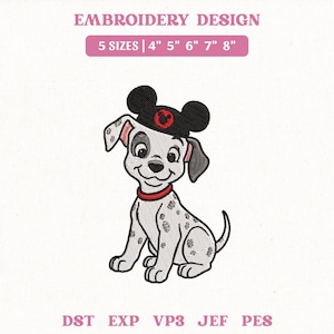 May include: An embroidery design featuring a cartoon Dalmatian puppy wearing a black hat with a red emblem. The design includes the text "EMBROIDERY DESIGN" and "5 SIZES | 4" 5" 6" 7" 8"", along with file type abbreviations.