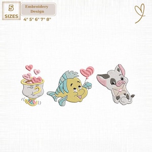 Puede incluir: Diseño de bordado con tres personajes de dibujos animados: una taza de té con corazones, un pez amarillo sosteniendo un globo en forma de corazón y un cerdo. El diseño incluye tamaños de 10,16 cm, 12,7 cm, 15,24 cm, 17,78 cm y 20,32 cm.