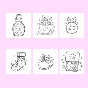 May include: Black and white line art illustrations of various items. Includes a potion bottle with stars and moons, a mug of hot chocolate, a donut with bunny ears, a patterned sock, bunny slippers, and a makeup palette.