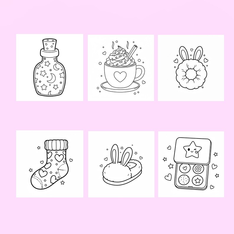 May include: Black and white line art illustrations of various items. Includes a potion bottle with stars and moons, a mug of hot chocolate, a donut with bunny ears, a patterned sock, bunny slippers, and a makeup palette.