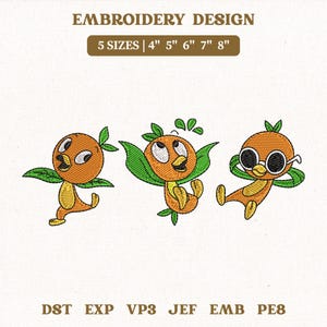 Può includere: Design per ricamo con tre personaggi di cartoni animati arancioni con accenti di foglie verdi. Il design include il testo "EMBROIDERY DESIGN" e "5 MISURE | 10cm 13cm 15cm 18cm 20cm", insieme a varie abbreviazioni di formato file.