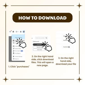 May include: A graphic with the text "HOW TO DOWNLOAD" and instructions for downloading files. The steps include clicking "purchases", then "download files", and finally downloading the file.