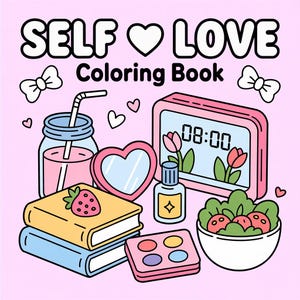 May include: A pink and white illustration with the text "SELF LOVE Coloring Book." The image features a stack of books, a drink, a mirror, a clock, and other self-care items. The background is light pink.