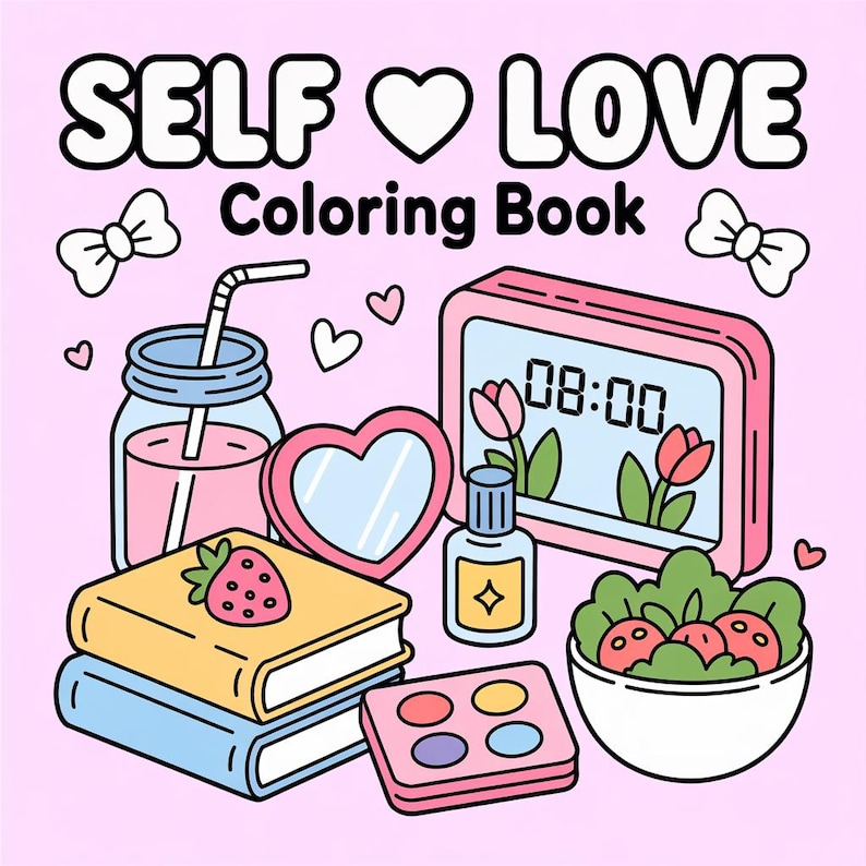 May include: A pink and white illustration with the text "SELF LOVE Coloring Book." The image features a stack of books, a drink, a mirror, a clock, and other self-care items. The background is light pink.