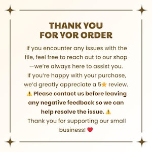 May include: A square, cream-colored card with the text "THANK YOU FOR YOUR ORDER" in a bold, brown font. The card includes a message about customer support and a request for a 5-star review, with a heart symbol at the bottom.