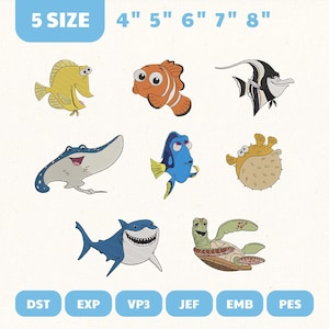 May include: Embroidered designs of various cartoon fish and sea creatures, including a yellow tang, clownfish, and a blue tang. Sizes range from 4 to 8 inches. The image also includes the text "5 SIZE" and file type abbreviations.