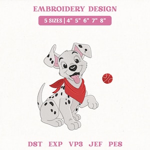 May include: An embroidery design featuring a smiling Dalmatian puppy with black spots, a red bandana, and a red ball. The design is available in 5 sizes: 4", 5", 6", 7", and 8". The text "EMBROIDERY DESIGN" is at the top.