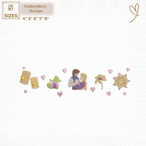 Peut inclure: Motif de broderie avec des personnages et symboles de conte de fées. Comprend des lanternes, un caméléon, un couple, une fleur et un soleil. Disponible en 5 tailles : 10 cm, 13 cm, 15 cm, 18 cm et 20 cm. Le texte indique "Design de broderie".