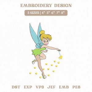 May include: An embroidery design featuring a cartoon fairy with blonde hair, green dress, and blue wings, holding a wand. The design includes text: "EMBROIDERY DESIGN" and "5 SIZES | 4" 5" 6" 7" 8"", along with file type abbreviations.