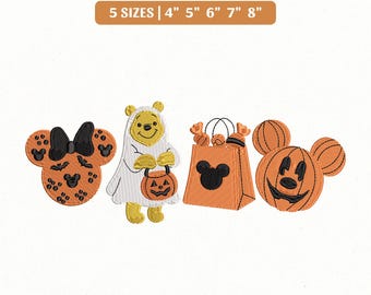 File di ricamo Disney di Topolino e Winnie the Pooh per Halloween, Fantasma di Winnie the Pooh, Minnie, Fiocco e Zucca (Download immediato)