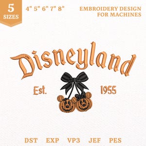 May include: An embroidery design for machines featuring the orange text Disneyland, Est. 1955, and two orange pumpkin-shaped characters with black bows. The design includes 5 sizes: 4, 5, 6, 7, and 8 inches. File formats listed are DST, EXP, VP3, JEF, and PES.