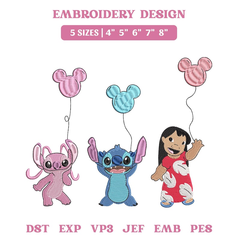K&ouml;nnte beinhalten: Ein Stickmuster mit einem rosa Alien, einem blauen Alien und einem M&auml;dchen im roten Kleid, die jeweils einen Mickey-Maus-Ballon halten. Text: EMBROIDERY DESIGN, 5 SIZES | 4" 5" 6" 7" 8" sowie die Dateiformate DST, EXP, VP3, JEF, EMB, PES.