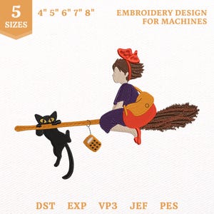 May include: Machine embroidery design featuring a character with brown hair and a red bow, wearing a purple dress and orange bag, riding a brown broomstick. A black cat hangs from the broom, which also holds a small calculator. Text: 5 SIZES 4" 5" 6" 7" 8" EMBROIDERY DESIGN FOR MACHINES DST EXP VP3 JEF PES.