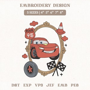 May include: Embroidery design featuring a red cartoon car inside a decorative frame, with a Route 95 sign, a traffic cone, and checkered flags. The design is available in 5 sizes: 4", 5", 6", 7", and 8".