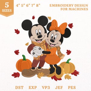 May include: Machine embroidery design featuring Mickey and Minnie Mouse wearing orange and brown autumn scarves and clothing, surrounded by pumpkins and fall leaves. The text reads 5 SIZES, 4" 5" 6" 7" 8", EMBROIDERY DESIGN FOR MACHINES, DST, EXP, VP3, JEF, PES.