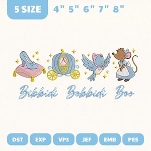 May include: Embroidered designs featuring a blue glass slipper on a pink pillow, a blue pumpkin carriage, a blue bird with a pink bonnet, and a mouse in a blue dress. The text "Bibbidi Bobbidi Boo" is below the designs. Sizes range from 4" to 8".