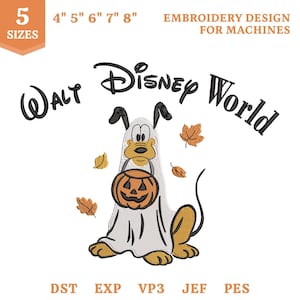 May include: An embroidery design for machines featuring the text Walt Disney World above a cartoon dog dressed as a ghost holding a jack-o'-lantern, surrounded by falling autumn leaves. The design includes 5 sizes from 4 to 8 inches.