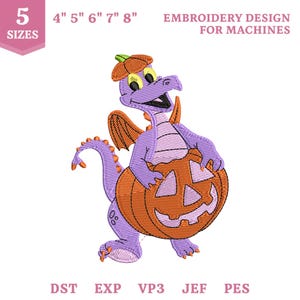May include: An embroidery design for machines featuring a purple dragon character wearing an orange pumpkin hat and holding a carved jack-o'-lantern. The text 5 SIZES 4" 5" 6" 7" 8" EMBROIDERY DESIGN FOR MACHINES and file formats DST EXP VP3 JEF PES are visible.
