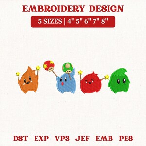 Könnte beinhalten: Stickdesign mit vier bunten Cartoon-Charakteren. Das Design enthält den Text "EMBROIDERY DESIGN" und "5 SIZES | 4" 5" 6" 7" 8"" in einem roten Banner. Die Charaktere sind orange, blau, rot und grün und halten jeweils einen Stern.