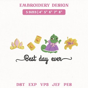 May include: Embroidery design featuring a tiara, lanterns, a green chameleon in a purple dress, and a flower. Text reads "Best day ever." Includes sizes 4", 5", 6", 7", and 8".