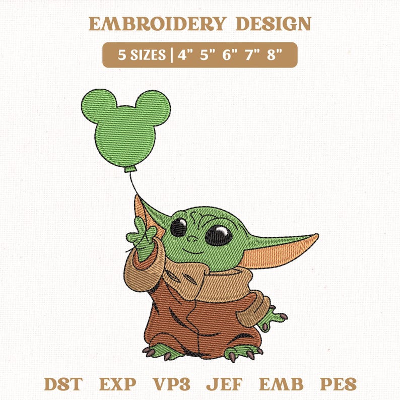 May include: An embroidery design featuring a green creature with large ears wearing a brown robe, holding a green balloon shaped like a mouse head. Text reads EMBROIDERY DESIGN, 5 SIZES | 4" 5" 6" 7" 8", and file formats DST, EXP, VP3, JEF, EMB, PES.