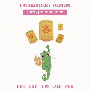 May include: An embroidery design featuring a green chameleon holding a flower, with several yellow lanterns. The lanterns have a sun design. Text at the top reads "EMBROIDERY DESIGN" and "5 SIZES | 4" 5" 6" 7" 8"".