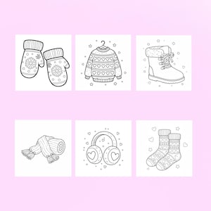 May include: Black and white line art of winter clothing items. Includes mittens with snowflake designs, a sweater with heart patterns, a winter boot, a scarf with tassels, earmuffs with heart shapes, and patterned socks.