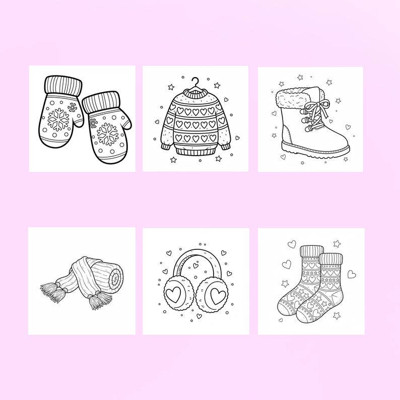 May include: Black and white line art of winter clothing items. Includes mittens with snowflake designs, a sweater with heart patterns, a winter boot, a scarf with tassels, earmuffs with heart shapes, and patterned socks.