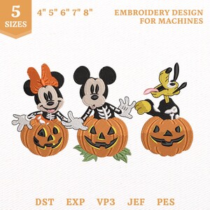 May include: Machine embroidery design featuring three cartoon characters in skeleton costumes sitting inside orange jack-o'-lantern pumpkins. Text includes 5 SIZES, 4" 5" 6" 7" 8", EMBROIDERY DESIGN FOR MACHINES, and file formats DST, EXP, VP3, JEF, PES.