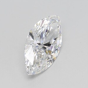 May include: A marquise-cut diamond, showcasing a brilliant, elongated shape. The gemstone is clear and colorless, with numerous facets that reflect light, creating a sparkling effect. The diamond is set against a plain, light background.