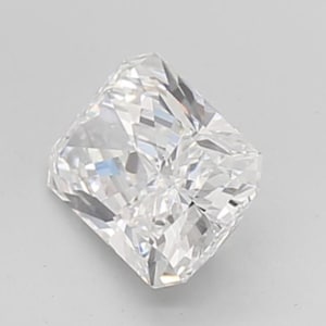 May include: A square-shaped, radiant-cut diamond with multiple facets, reflecting light. The colorless gemstone sparkles brightly. The diamond is set against a plain, light background.
