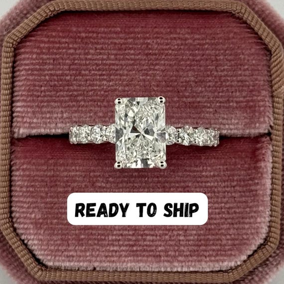 Radiant Cut Lab Grown Engagement Ring | Wedding Band - Radiant Cut Solitaire Ring with Round Side Stones | IGI Certified | Conflict-Free