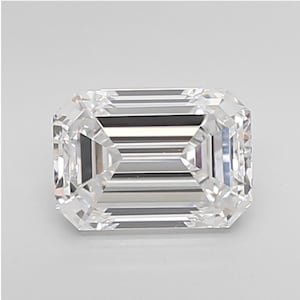 May include: A clear, emerald-cut gemstone with a rectangular shape and faceted surfaces. The facets create a play of light and shadow, enhancing the stone's brilliance. The gemstone is set against a plain, light background.