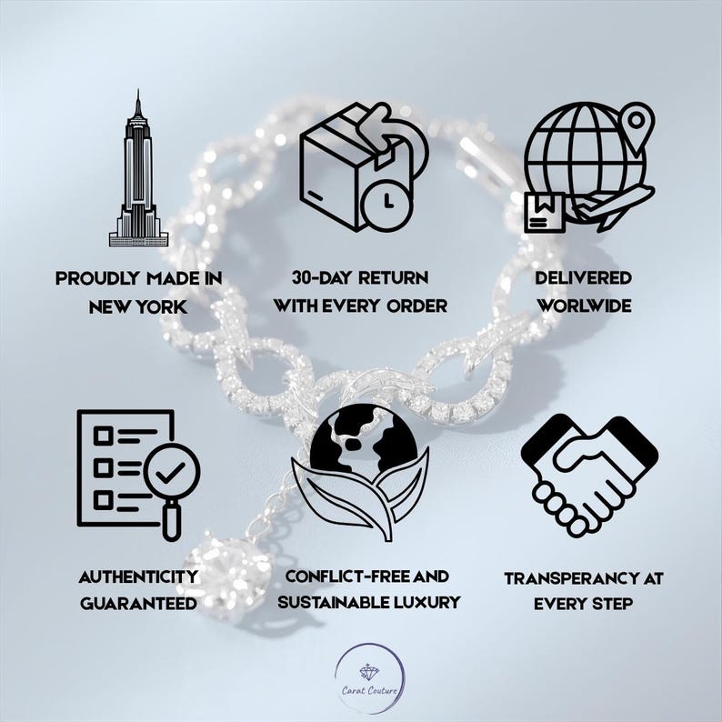 May include: A close-up of a silver bracelet with a chain-like design. The image includes text that reads "Proudly Made in New York", "30-Day Return With Every Order", "Delivered Worldwide", "Authenticity Guaranteed", "Conflict-Free and Sustainable Luxury", and "Transparency at Every Step".