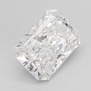 May include: A rectangular radiant-cut diamond. The colourless gemstone is highly faceted, reflecting light to create a brilliant sparkle. The diamond is set against a plain, light background.