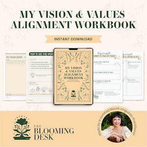 Könnte beinhalten: Ein digitales Arbeitsbuch mit dem Titel "My Vision & Values Alignment Workbook" mit floralen Illustrationen. Der Text auf dem Cover enthält "Sofort-Download". Zusätzliche Seiten zeigen Aufforderungen für Vision Boards und die Verbindung zur Lebensvision.