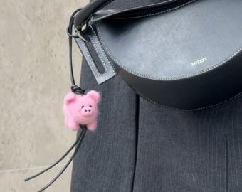 Pig Bag Charm — Handmade Wool Animal Keychain, Leather Cord Bag Accessory, Cute Pig Charm, Sonomora Animal Collection, Handmade Gift For Her