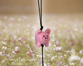 Pig Bag Charm — Felted Wool Pig Keychain, Handmade Animal Purse Accessory, Cute Pig Bag Charm, Leather Cord Decoration, Unique Gift For Her