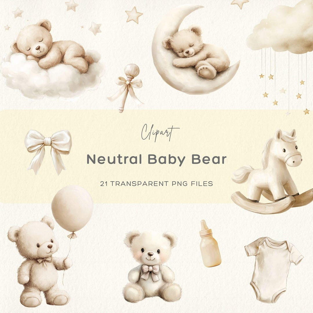 Watercolor Beige Teddy Bear Clipart: Neutral Baby Shower PNG (digital ...