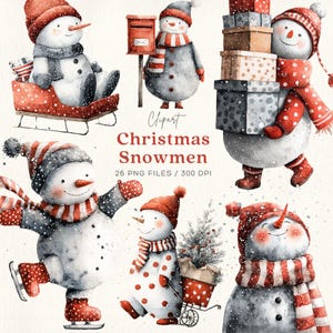 Imágenes prediseñadas de muñecos de nieve navideños / Paquete de imágenes PNG para las fiestas de invierno (26 archivos)