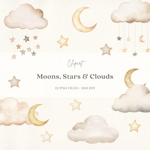 Ilustração em aquarela de lua, estrelas e nuvens para decoração de quarto infantil (12 arquivos PNG - Download digital)